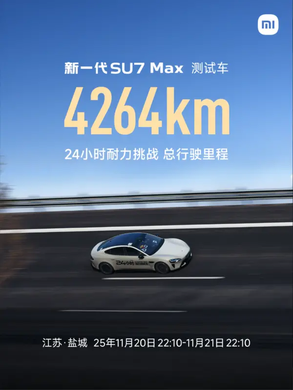 超YU7！新一代小米SU7 Max 24小時(shí)耐力挑戰(zhàn)達(dá)4264km